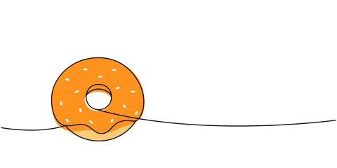Sweet donut one line colored continuous drawing. Bakery sweet pastry food. Vector linear illustration. - 780726890