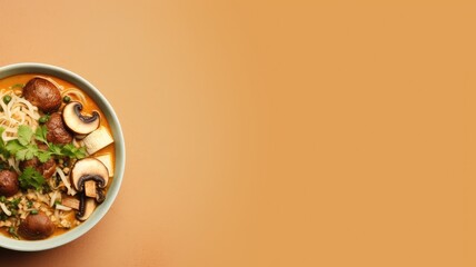 Bowl of noodle soup with mushrooms and herbs on an orange background.
