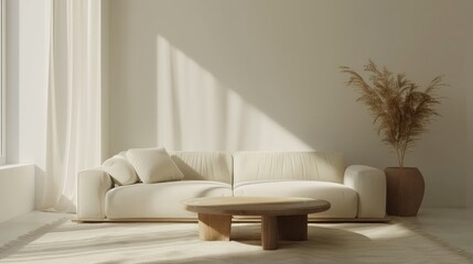 A white couch and coffee table sit in a room with a window. The couch is covered in pillows and the coffee table is made of wood. The room has a clean and minimalist look