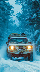 car bright headlights piercing through heavy snowfall - obrazy, fototapety, plakaty
