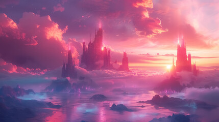 mystical sunset cityscape amidst clouds over tranquil waters - obrazy, fototapety, plakaty
