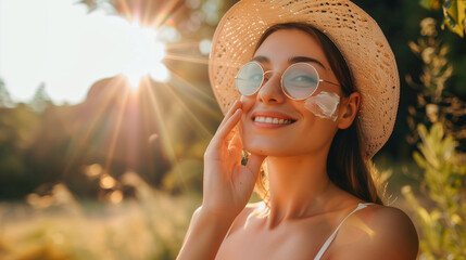 portrait of a woman wearing sunglasses applying sunscreen