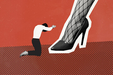 Composite photo collage of young tiny man barefoot beg huge female heels leg bossy dominate...