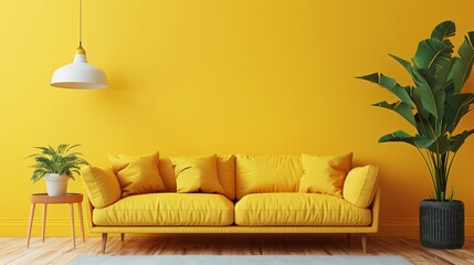 A yellow couch sits in front of a yellow wall