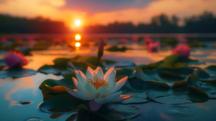 Foto op Canvas Twilight Tranquility: Water Lilies at Dusk © DjelicN
