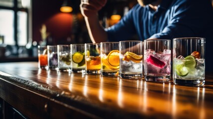Assorted cocktails in a row on a bar counter with a bartender in the background.