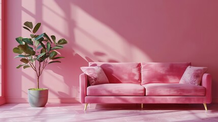 A pink couch sits in front of a wall painted in a bright pink color. The couch is surrounded by a potted plant and a vase, creating a cozy and inviting atmosphere. The room is well-lit