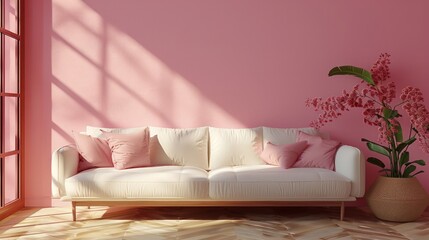 A white couch with pink pillows sits in front of a pink wall