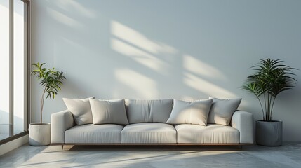 A large white couch sits in front of a window with a potted plant. The room is bright and airy, with sunlight streaming in through the window