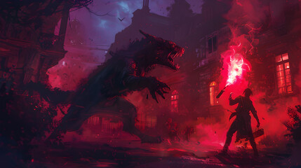 Fototapeta premium A suspenseful scene depicting a man with a flaming torch facing off against a ferocious Chupacabra in a gothic setting.