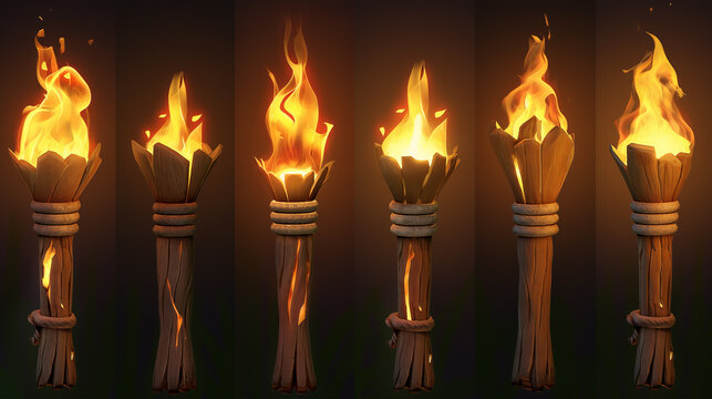 Set of Burning fire on old torch isolation, Illustration 