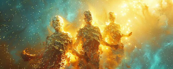 Star-tending beings, shimmering essence, sculptors of galaxies, guiding the cosmos, nebulous sky, 3D render, golden hour, chromatic aberration - obrazy, fototapety, plakaty
