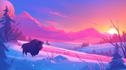 Bisão em uma planice nevada ao por do sol rosa - Ilustração