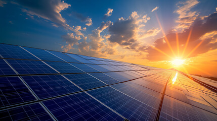 Solar panels with sunset sky, sustainable energy concept