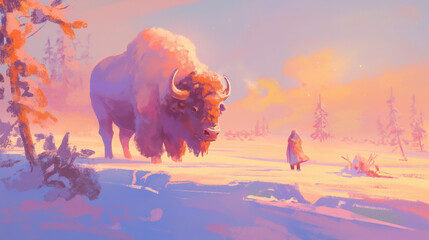 Bisão em uma planice nevada ao por do sol rosa - Ilustração