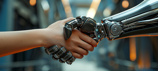 Human and robotic hand in partnership, technology meets humanity