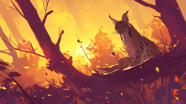 Lince na floresta ao por do sol rosa - Ilustração
