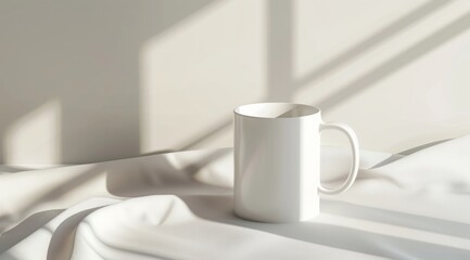 White mug mockup on light background with shadows. White mug mockup on wooden table with window and plant in background. Closeup view, copy space for design or print presentation, blank coffee cup 