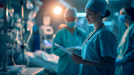 Focused nurse with clipboard in high-tech surgery room