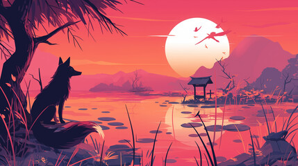 Raposa vermelha em um lago ao por do sol rosa - Ilustração - obrazy, fototapety, plakaty