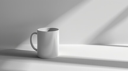 Obraz premium White mug mockup on light background with shadows. White mug mockup on wooden table with window and plant in background. Closeup view, copy space for design or print presentation, blank coffee cup 