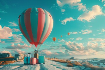 Vibrant luggage and baggage trail behind a colorful hot air balloon, with a blue passport floating alongside, marking a path to a towering pin location - obrazy, fototapety, plakaty