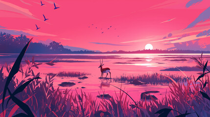 gazela em um lago ao por do sol rosa - Ilustração - obrazy, fototapety, plakaty