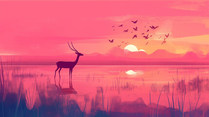 gazela em um lago ao por do sol rosa - Ilustração