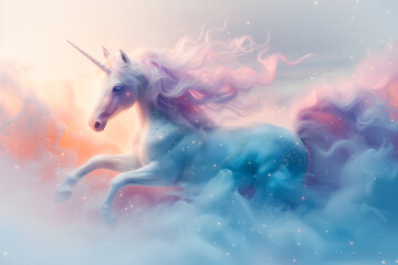 A magical unicorn runs in the clouds. - obrazy, fototapety, plakaty