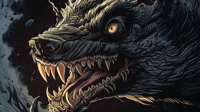 Digital illustration of an enigmatic wolf-like beast with ferocious fangs and glowing eyes, evocative of legendary creatures like the chupacabra.