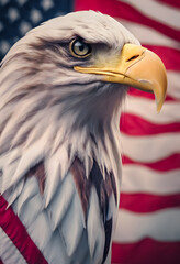 Close-up of a majestic bald eagle with a sharp gaze, set against a blurred American flag background, symbolizing patriotism and freedom.