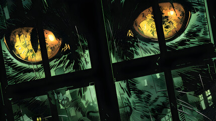 A suspenseful narrative captured as a Chupacabra's eyes ominously glow through a window, signaling its presence in the dark