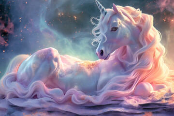 Portrait of a resting magical unicorn.