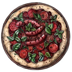 Graphical pizza with sausages on white background, bakery menu element . Illusatration generated with AI 