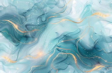 Elegant Marble Texture With Gold Veins and Turquoise Hues Captured in Artistic Close-Up. A close-up of a luxurious marble texture with swirling patterns of turquoise and soft blue.