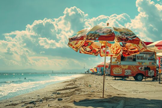 An elegant beach umbrella, painted with scenes of famous food trucks from around the world, offering a taste of summer travel beneath its shade