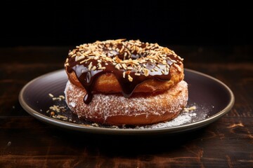 Fototapeta na wymiar Delicious doughnut on a rustic plate against a dark background