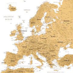 Europe - Highly Detailed Relief Topographic Vector Map of the Europe. Ideally for the Print Posters. Golden Retro Style - obrazy, fototapety, plakaty