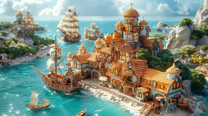 A 3D isometric bakery on a pirate ship sailing through anime oceans, serving the crew with rumflavored cakes