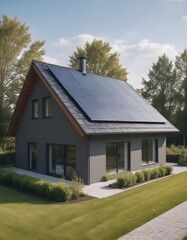 Modern house with solar panels on the roof. 3D rendering
