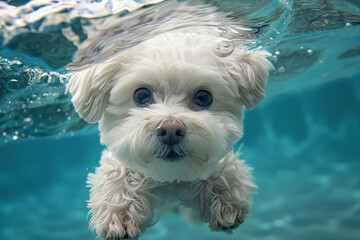 Adorable White Dog Swimming Underwater