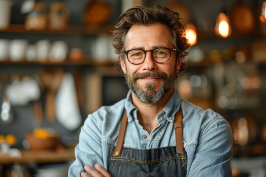 A middle-aged man with glasses and a stylish beard stands confidently cross-armed in a well-equipped restaurant, exuding an aura of experience - Powered by Adobe