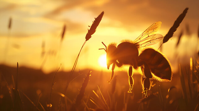  bee sitting on flower and collects pollen from flowers, macro photo of honey bee in the wild, ultra wide format ,Bee on yellow flower in the meadow at sunset