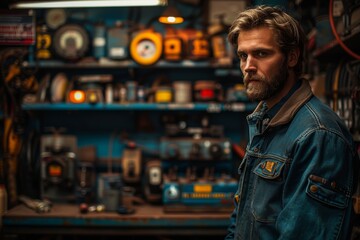 A ruggedly handsome bearded man with intense gaze stands in a cluttered vintage workshop, surrounded by various tools and equipment