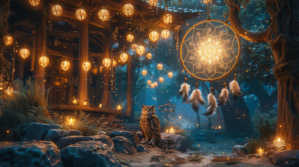 A dream catcher workshop in a sandbox under a starry sky, where children create their own dream catchers with the help of wise owls - obrazy, fototapety, plakaty