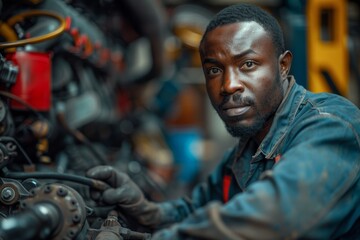 A determined African mechanic works with precision on machinery in a garage, his careful attention evident in his expression - Powered by Adobe