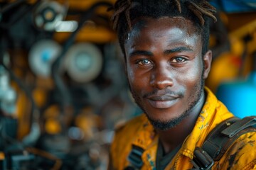 Obraz premium A young mechanic with captivating eyes and a bright safety vest exudes a vibrant and energetic attitude in a machinery-filled environment