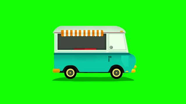 Loop animation of truck food moving on green screen, Animation of fast moving delivery truck, Courier deliver foods while driving a van, Car animation