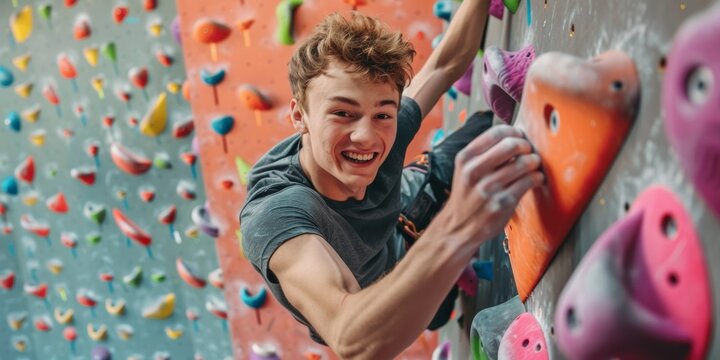 young athletic man wearing sportswear climbing wall indoors, smiling portrait