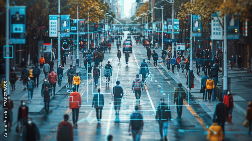 Wall mural urban pedestrians in bustling city with advanced facial recognition technology